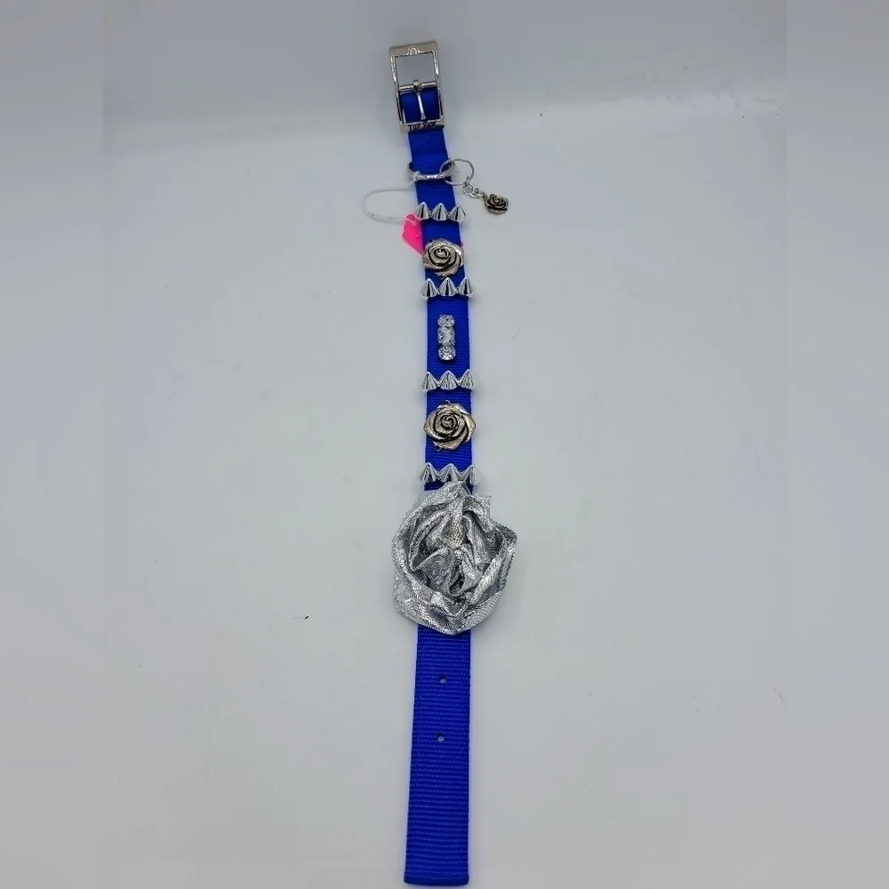 Top Paw Customized Dog Collar TALK TO THE PAW Blue Silver Flower Bling S…